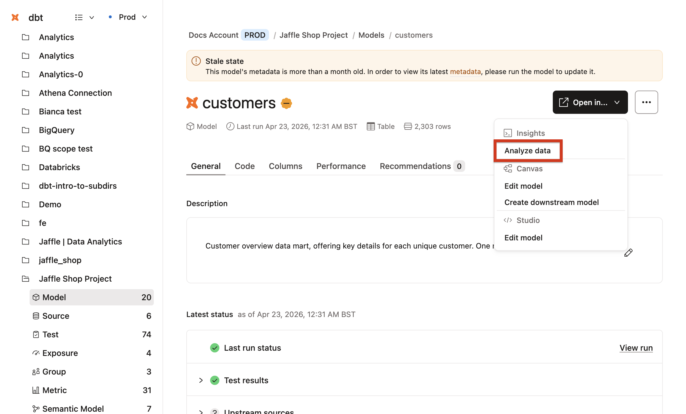 Select Analyze data from Catalog Select Analyze data from Catalog
